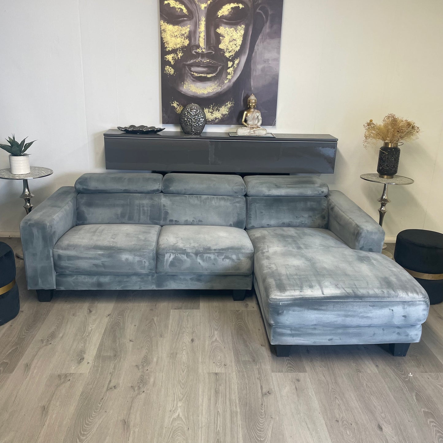 Canapé sectionnel gris jean avec appuie-tête ajustable