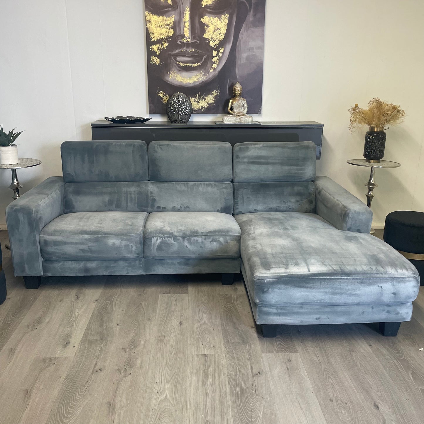 Canapé sectionnel gris jean avec appuie-tête ajustable