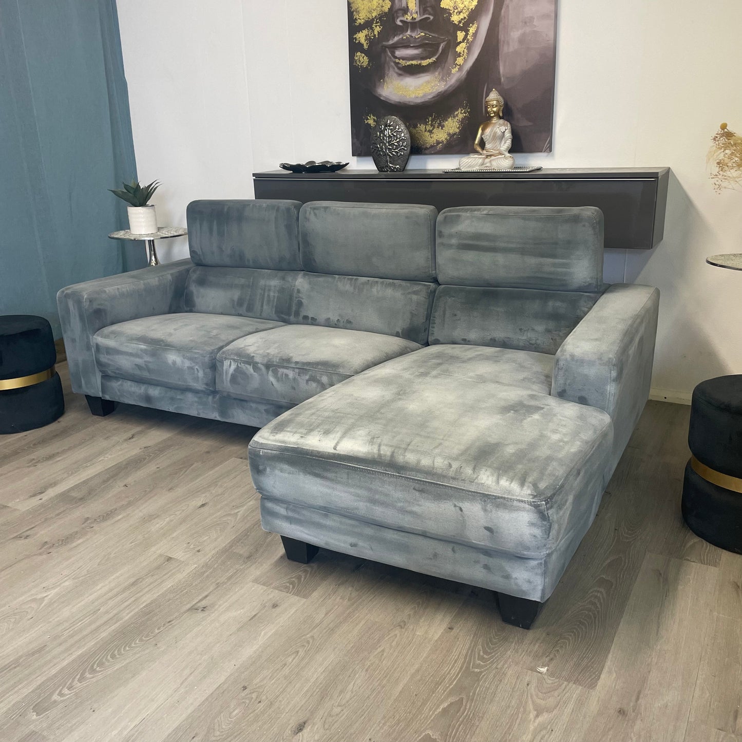 Canapé sectionnel gris jean avec appuie-tête ajustable