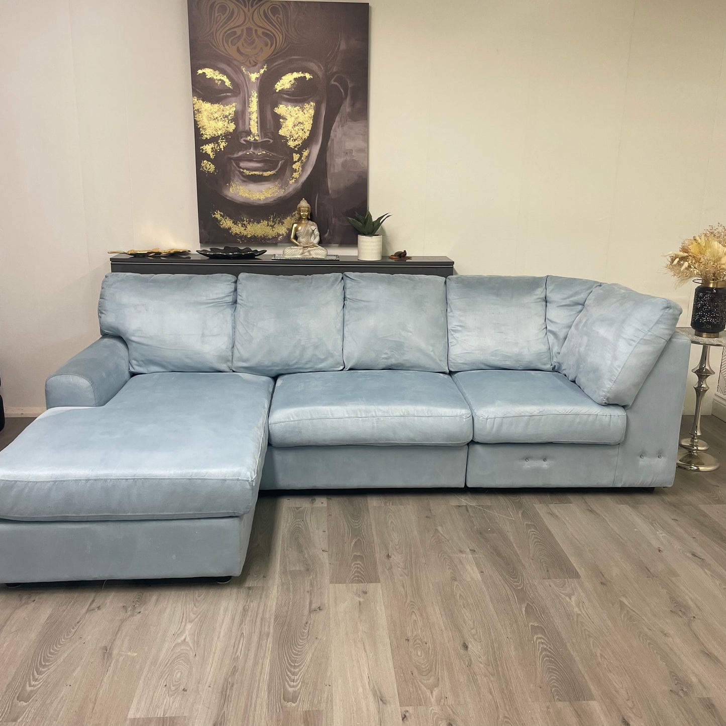 Grand canapé sectionnel droit en daim – Bleu ciel