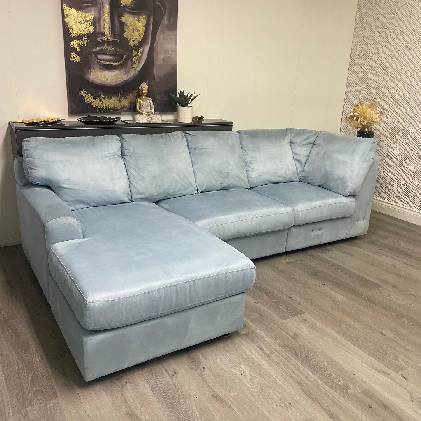 Grand canapé sectionnel droit en daim – Bleu ciel