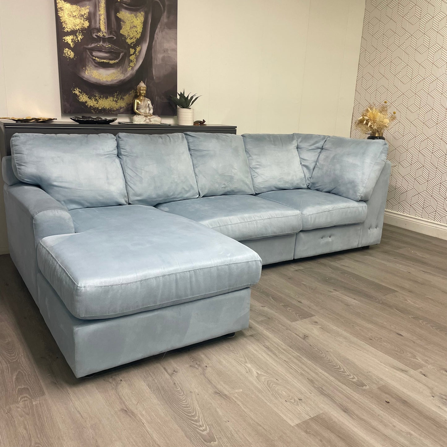 Grand canapé sectionnel droit en daim – Bleu ciel